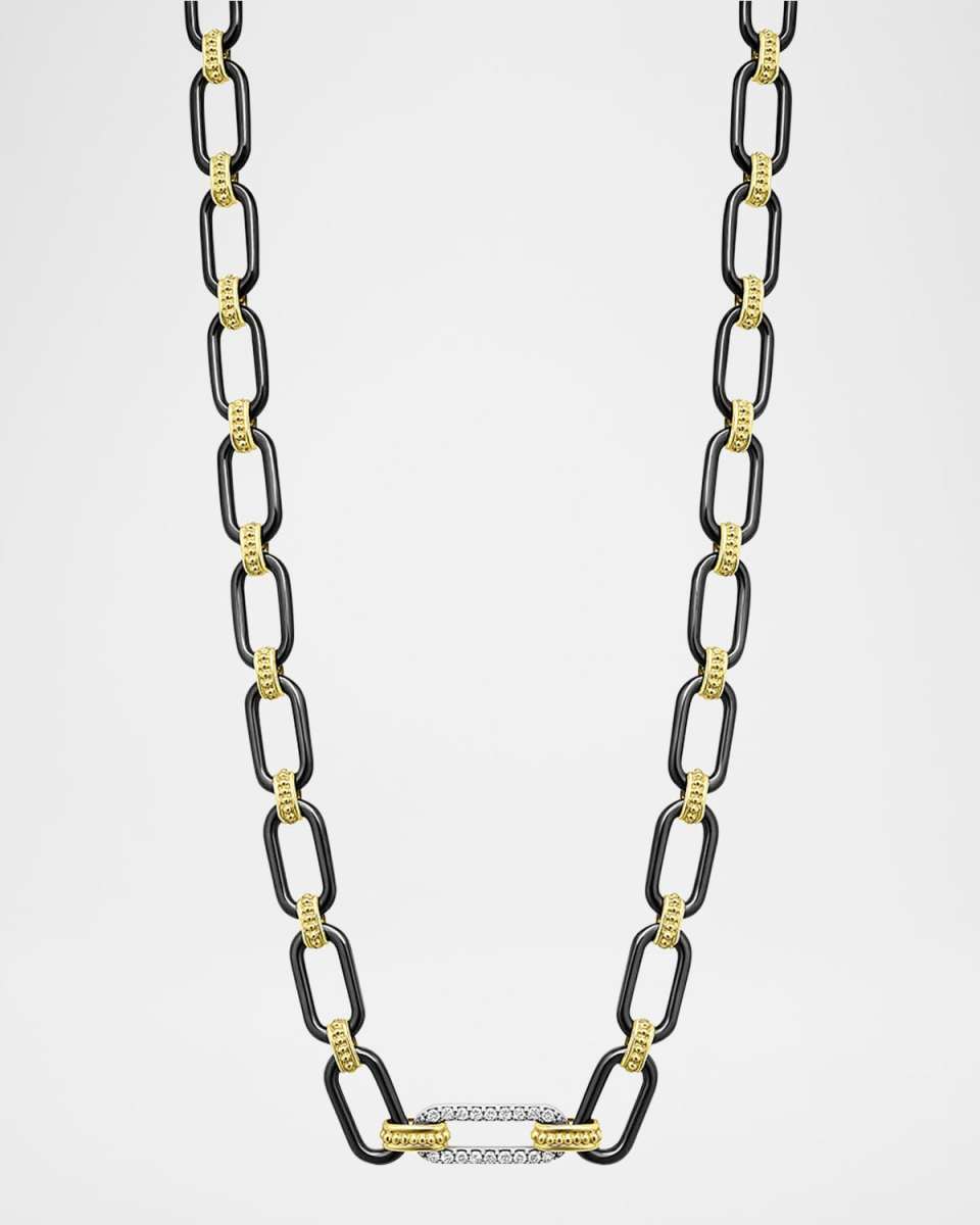 18K Gold Signature Caviar and Black Ceramic Toggle Necklace with Diamonds, 18"L